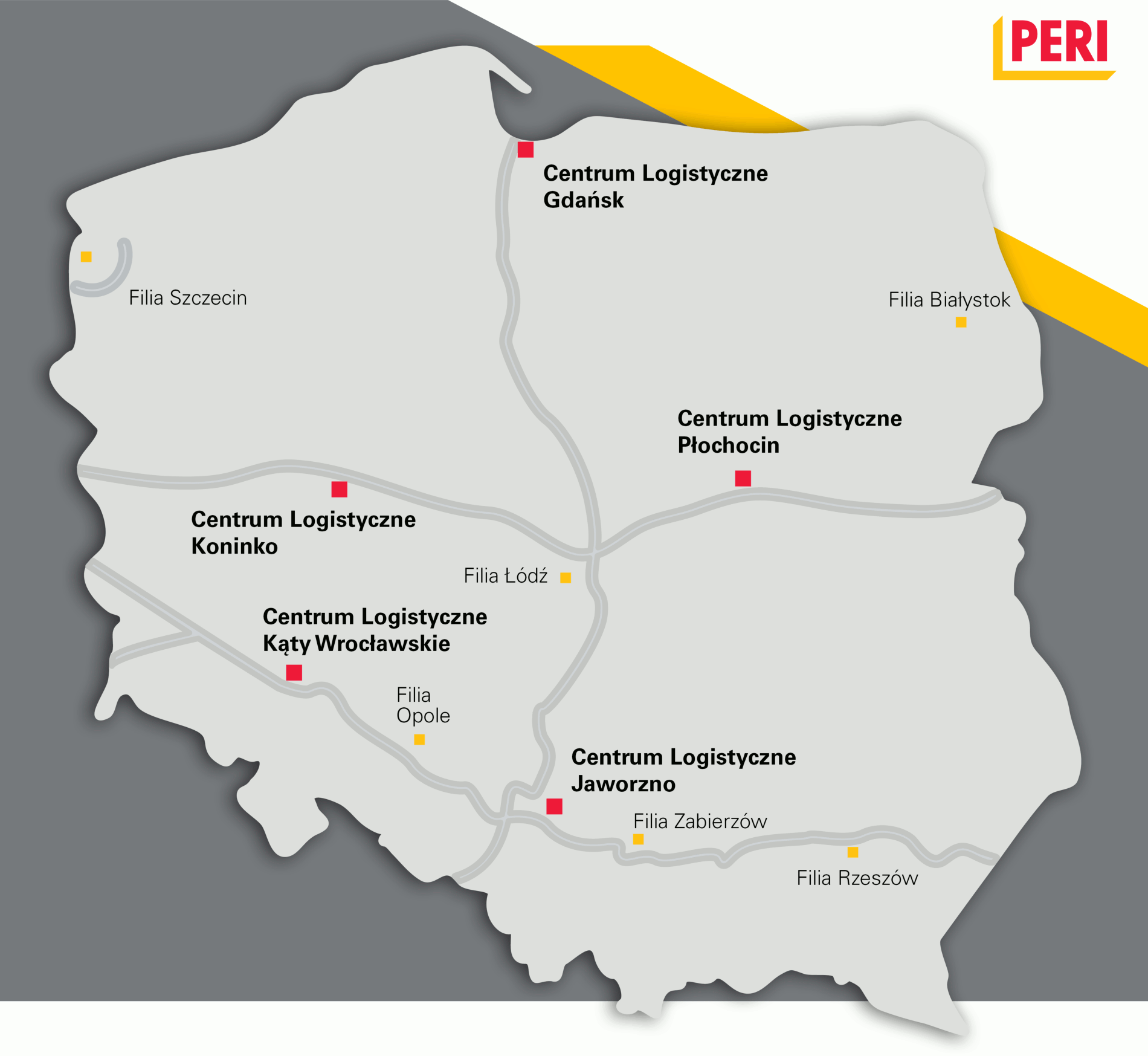 Mapa centrów logistycznych PERI Polska